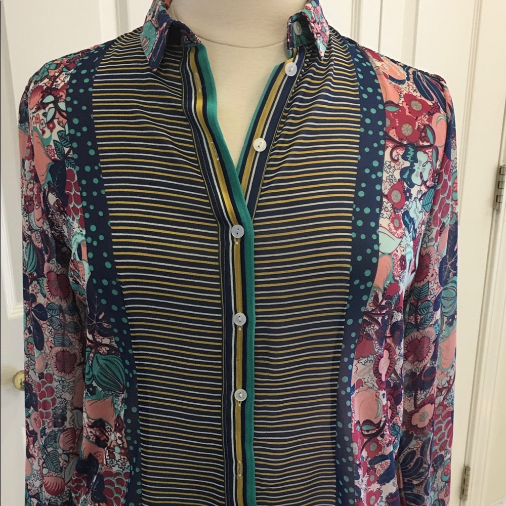 Sheer Floral Stripe Retro Blouse - Size: L - EUC